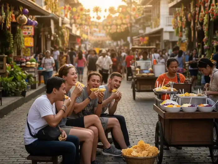 Tourists eating pancit habhab and local food during the Pahiyas Festival in Lucban.
