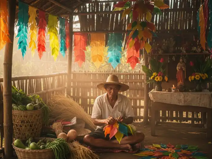 Elderly man preparing colorful kiping for the Pahiyas Festival in Lucban, Quezon.