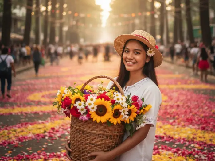 Young Filipina holding flowers along Session Road after the Panagbenga Festival parade.