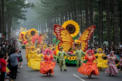 Colorful dancers and flower floats at the 2026 Panagbenga Festival parade in Baguio City.