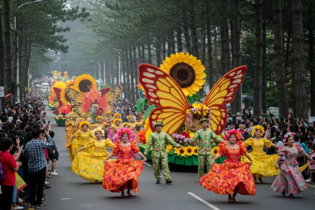 Colorful dancers and flower floats at the 2026 Panagbenga Festival parade in Baguio City.