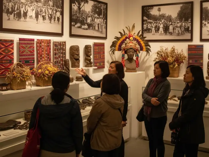 Visitors exploring Panagbenga Festival history exhibit inside the Baguio Museum.