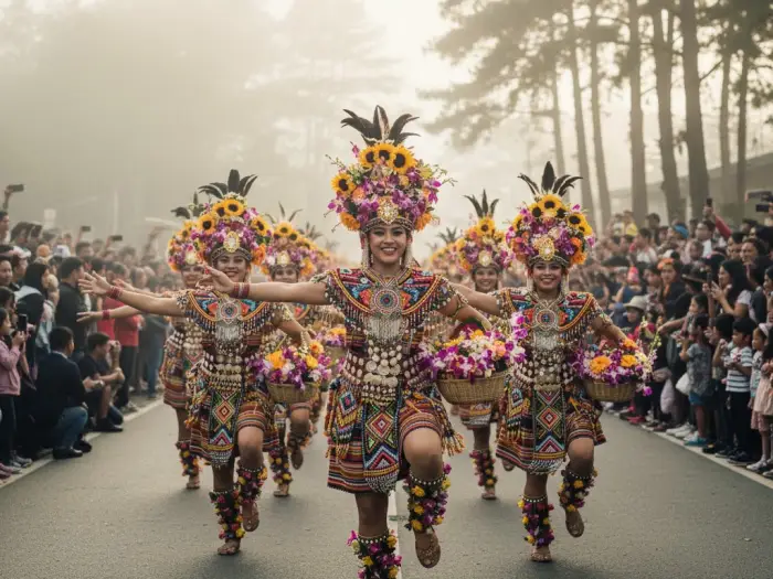 Panagbenga dancers in floral Cordilleran costumes performing along Harrison Road in Baguio.