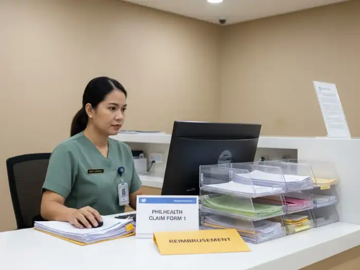 philhealth claims reimbursement process Hospital staff assists patient filing PhilHealth reimbursement claim form.