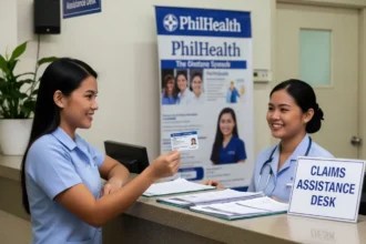 Filipino woman presents PhilHealth ID at hospital claims counter in the Philippines.