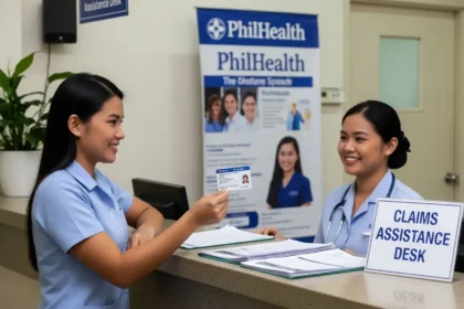 Filipino woman presents PhilHealth ID at hospital claims counter in the Philippines.