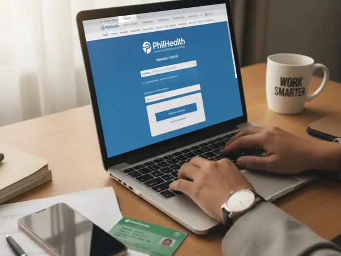 philhealth online registration guide Filipino uses laptop to register and check PhilHealth contributions online.