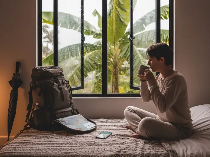 Traveler relaxing indoors with tea while it rains outside in the Philippines.