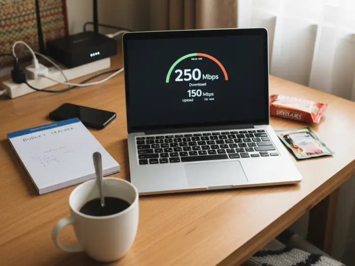 Laptop showing internet speed test beside router in a Pinoy home