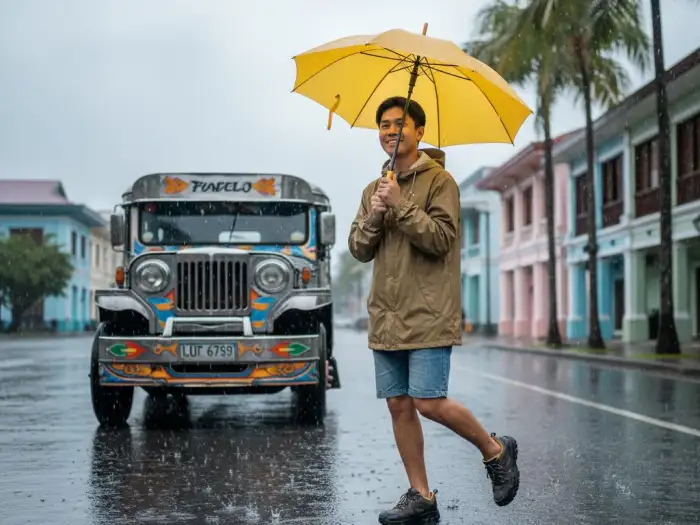 Traveler in casual waterproof outfit with umbrella beside a jeepney during light rain.