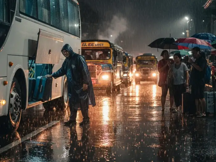 Travelers and jeepneys at a wet roadside terminal during a rainy day in the Philippines.