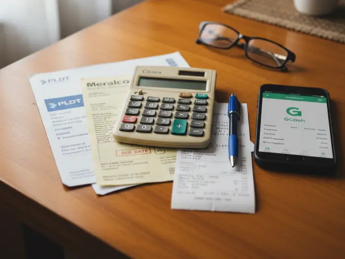 Internet bill and receipts on a Filipino household table with GCash phone