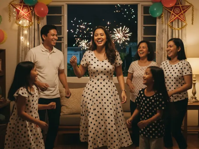 Filipino family wearing polka-dotted clothes to attract prosperity for the New Year.