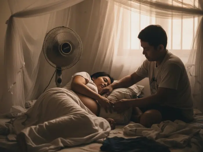 Pregnant Filipina sleeping on her side while her husband helps adjust pillows.