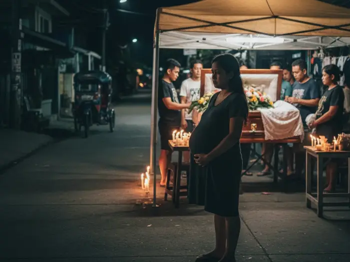 Pregnant Filipina avoiding entering a funeral wake due to traditional pamahiin.