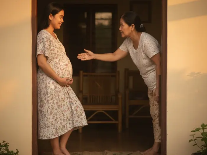 Filipino mother reminding her pregnant daughter not to sit by the open door.
