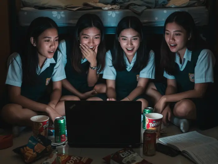 Filipino students binge-watching late at night, reflecting puyat culture in PH.