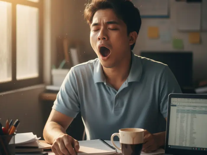 Filipino office worker yawning at desk, showing health effects of puyat in PH.