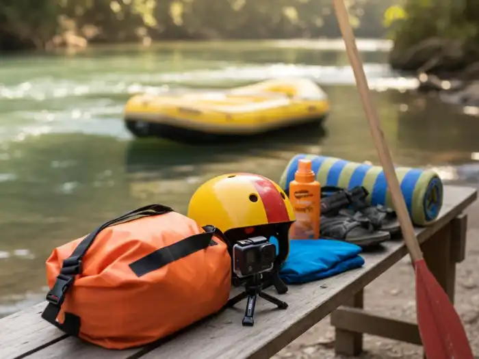 Rafting essentials including helmets, dry bags, and paddles prepared for a CDO river trip.