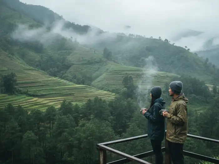 Travelers enjoy mountain scenery and mist during the rainy season in the Philippines.