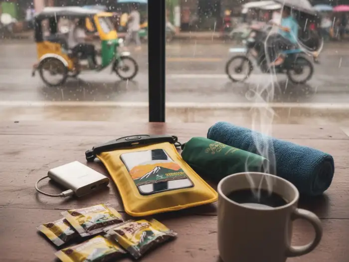 Waterproof pouches, ponchos, and coffee on a table during a rainy day in the Philippines.