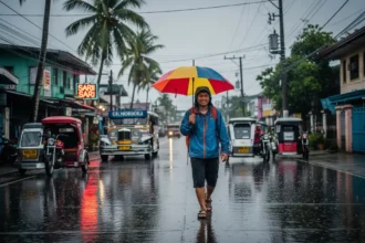 Traveler walks through a wet Philippine street holding an umbrella during the rainy season.