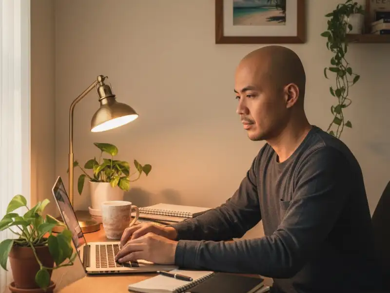 randybatiquin work desk laptop Randy Batiquin working on his laptop at a warm, plant-filled desk.