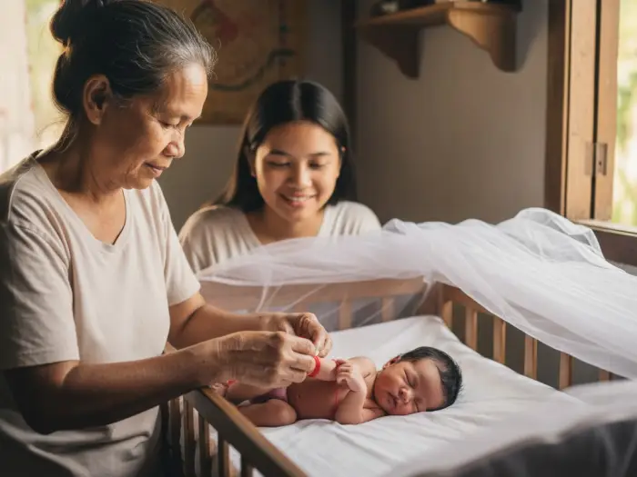 Filipino grandmother tying red thread on baby’s wrist to ward off usog.