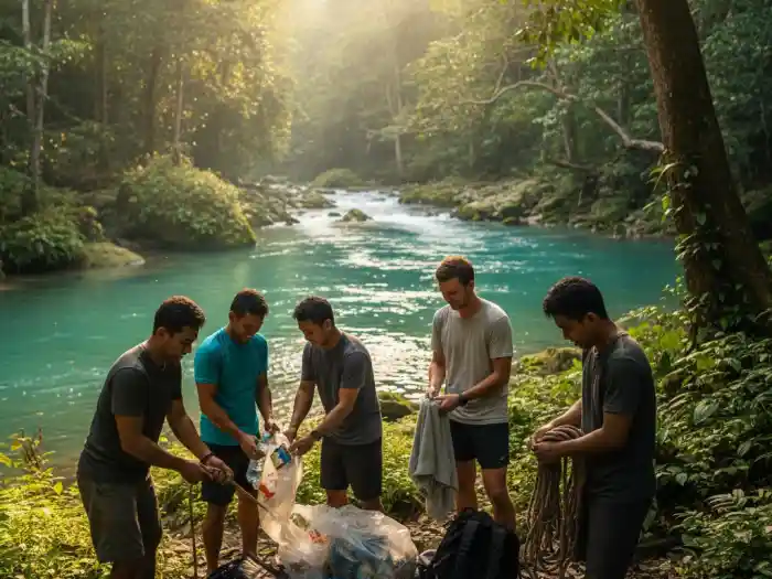 Filipino guides cleaning up and assisting tourists after canyoneering at Kawasan Falls.