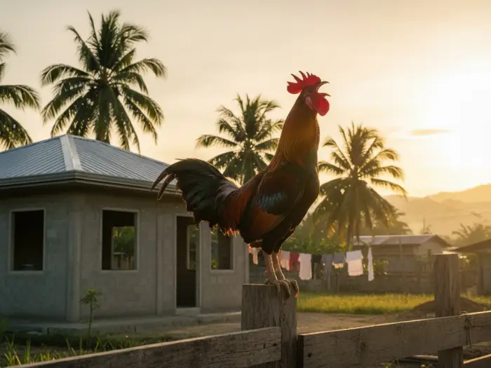 Rooster crowing at dawn near a new Filipino home symbolizing luck and fortune.