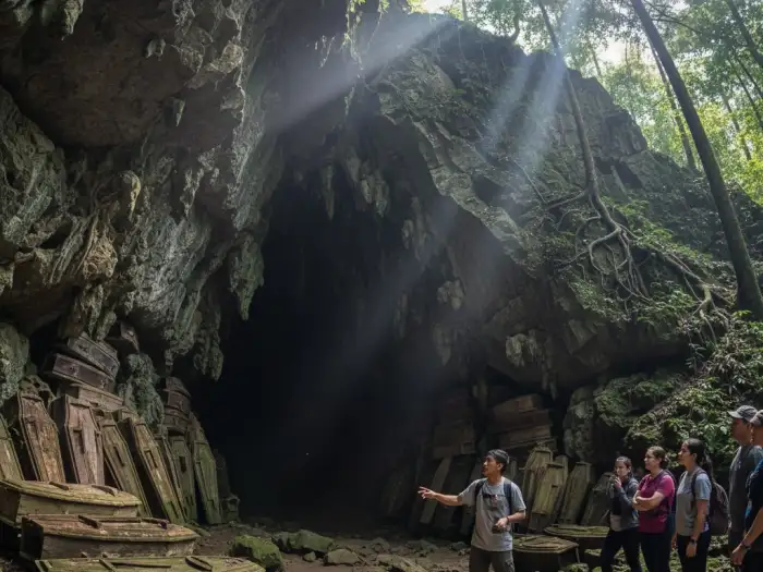 sagada lumiang cave entrance heritage Lumiang Cave entrance in Sagada with ancient wooden coffins and limestone walls.