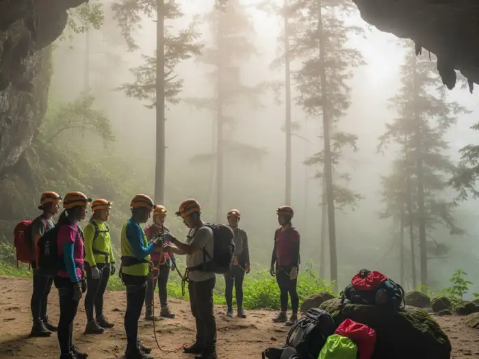 sagada spelunking gear preparation Tourists prepare their helmets, ropes, and gear before the Sagada Cave Connection adventure.