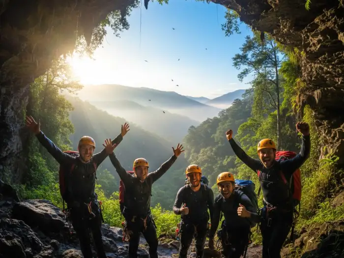 sagada sumaguing cave exit sunlight Spelunkers emerge from Sumaguing Cave into daylight after the Sagada Cave Connection.