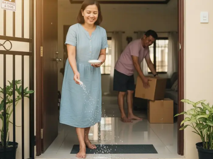 Filipina mother scattering coins, rice, and salt at the doorway during house moving-in.