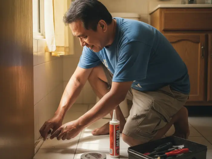 Pinoy father sealing door gaps to stop cockroach entry