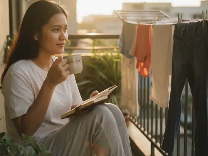 Filipina practicing self-care tips Pinoy style with tea and journaling at home.