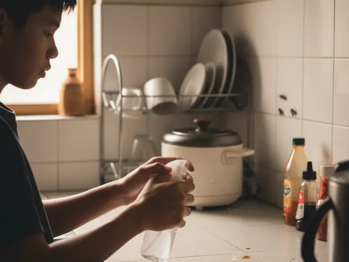 Soap and water spray as a quick cockroach killer in Filipino kitchen
