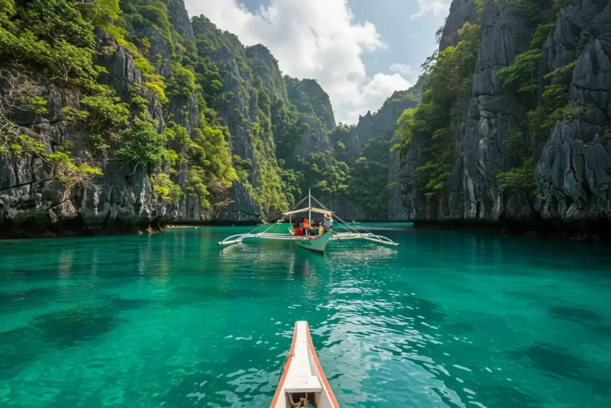 sohoton cove bucas grande island hopping siargao Small Filipino boat gliding through turquoise waters of Sohoton Cove in Bucas Grande, Surigao del Norte.