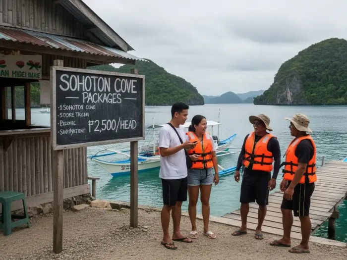 Filipino tourists checking Sohoton Cove package rates at a local tourism office in Surigao del Norte.