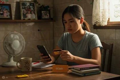 Filipina shopper carefully checking for fake online sellers on her phone at home