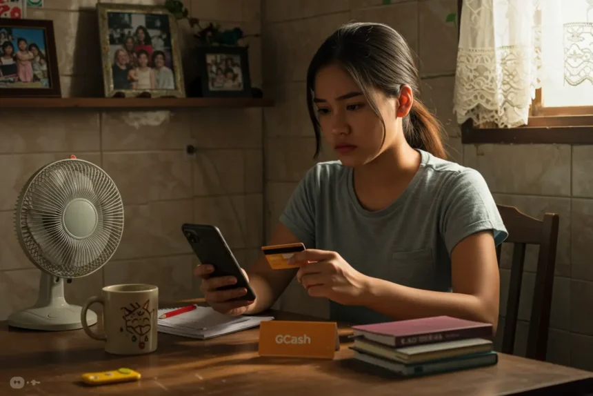 Filipina shopper carefully checking for fake online sellers on her phone at home