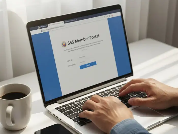 Filipino member logs in to SSS portal on laptop to check contributions.