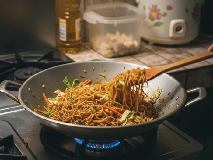 Stir-fried instant noodles with veggies and soy sauce in a Filipino kitchen