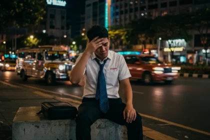 Filipino office worker in Makati experiencing burnout and stress management challenges.