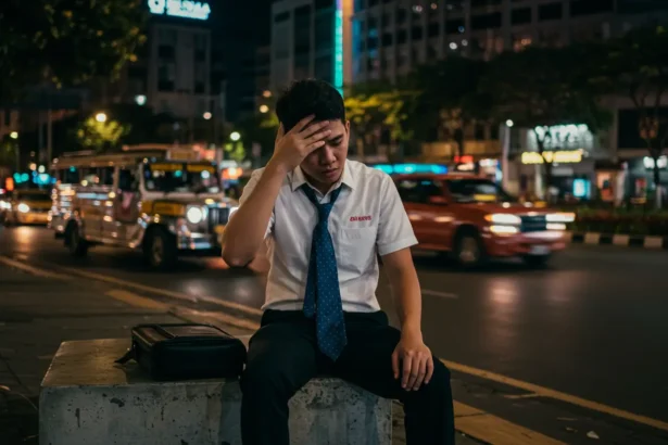 Filipino office worker in Makati experiencing burnout and stress management challenges.