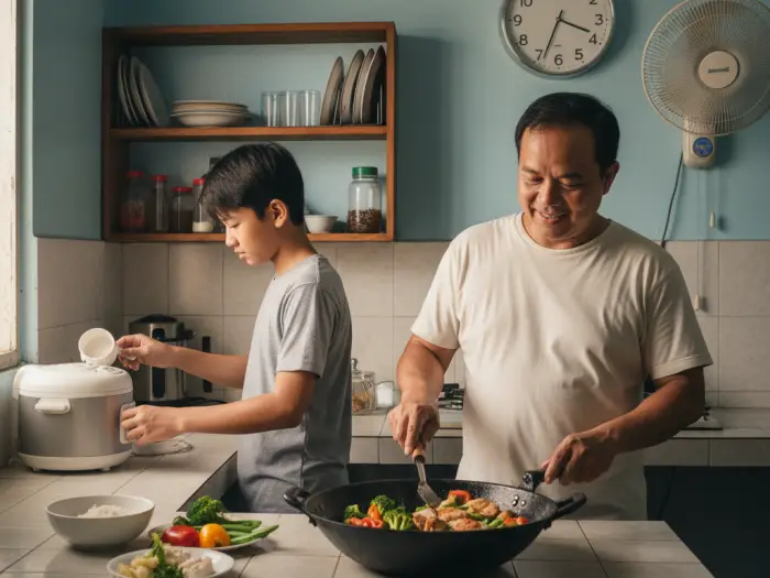 Filipino family preparing healthy meals as part of stress relief techniques.