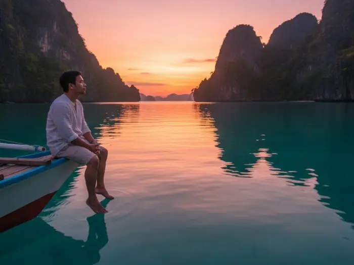 Traveler watching the sunset over the turquoise waters of Sohoton Cove in Bucas Grande.
