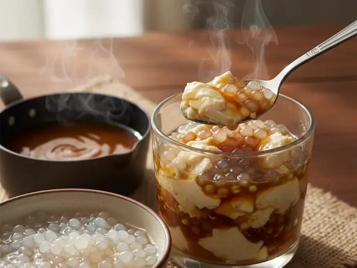 Homemade taho with silken tofu, arnibal syrup, and sago pearls
