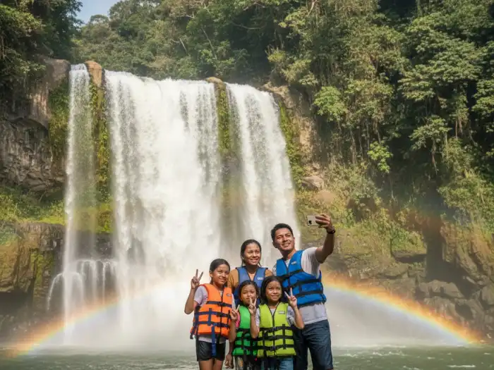 Family enjoying Tinuy-an Falls, a popular side trip near the Enchanted River in Surigao del Sur.