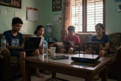 Filipino family using laptops, phones, and tablets connected to home Wi-Fi